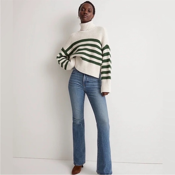 Madewell Wide Rib Stripe Turtleneck Sweater Cream/Green XL - Picture 1 of 7